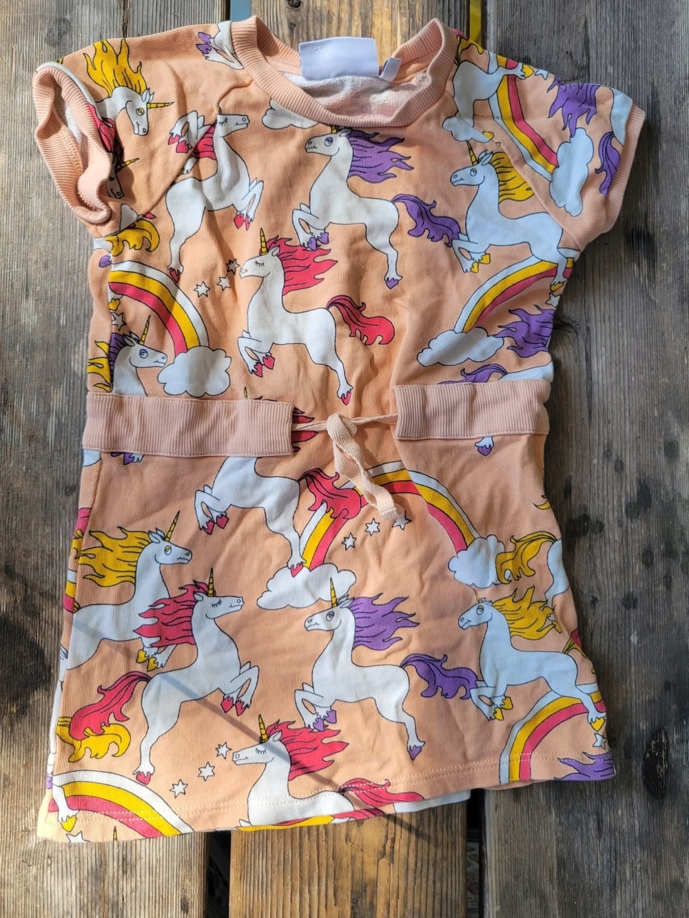 MINI RODINI SZ 92-98 / 1.5-3Y VGUC PEACH w/ COLORFUL UNICORN 🦄 print s/s dress